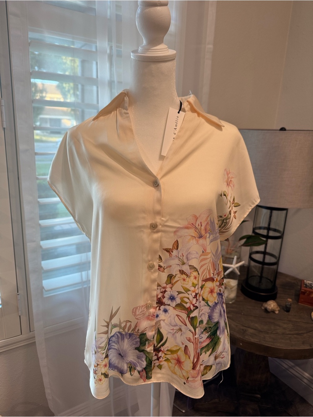 Cream Floral Short-Sleeve Button Front Blouse